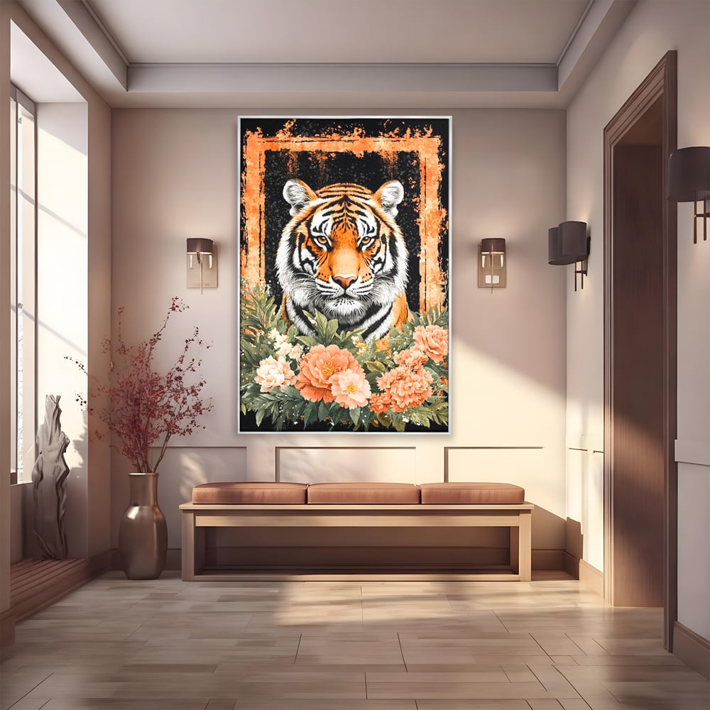 Tablou canvas cu tablou canvas cu tigru si flori, in rama de aluminiu argintiu